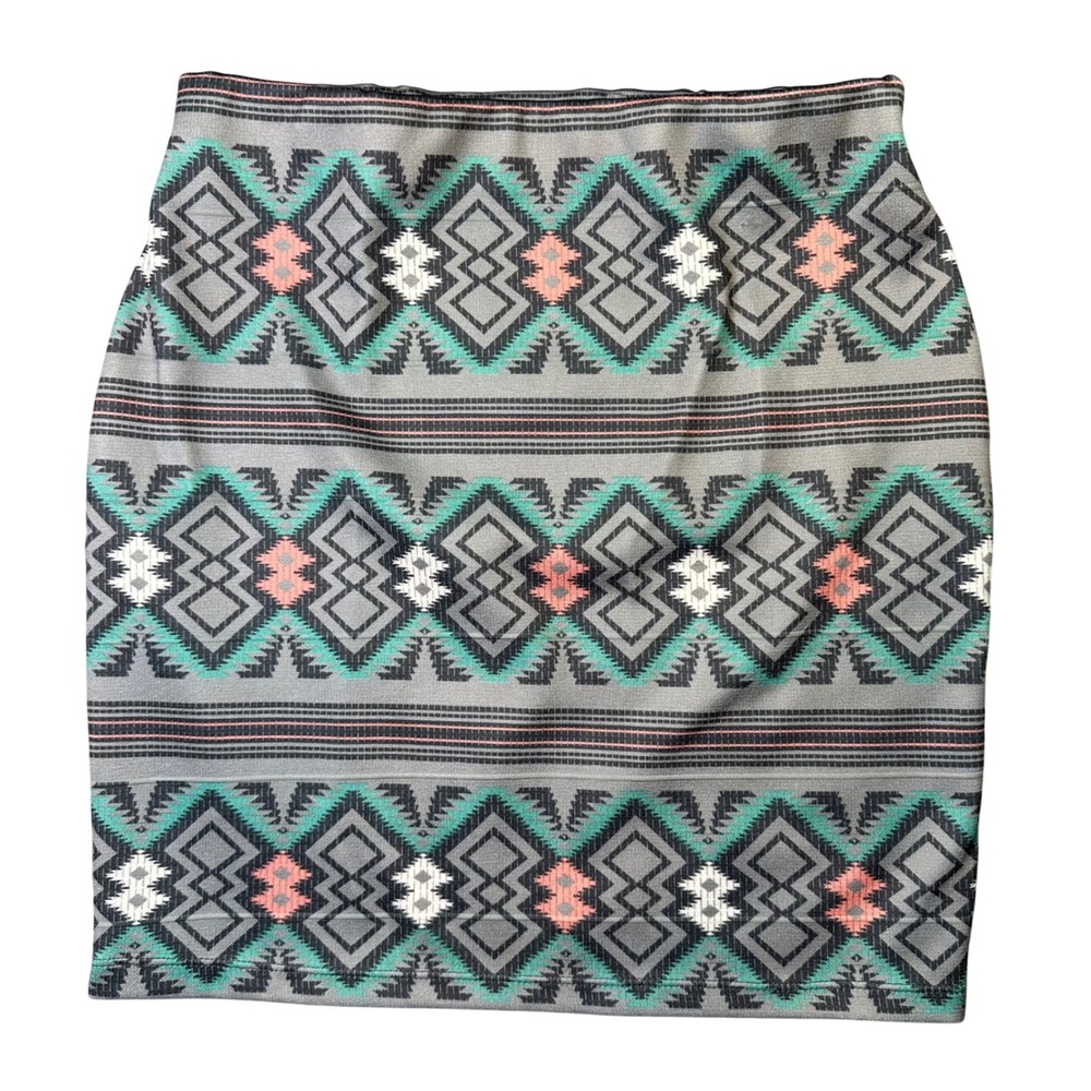 Xhilaration‎ Geometric Tribal Mini Skirt Boho Festival Stretch Size S Grey Teal